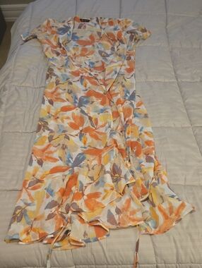 Floral Watercolor Wrap Dress in Orange & Blue